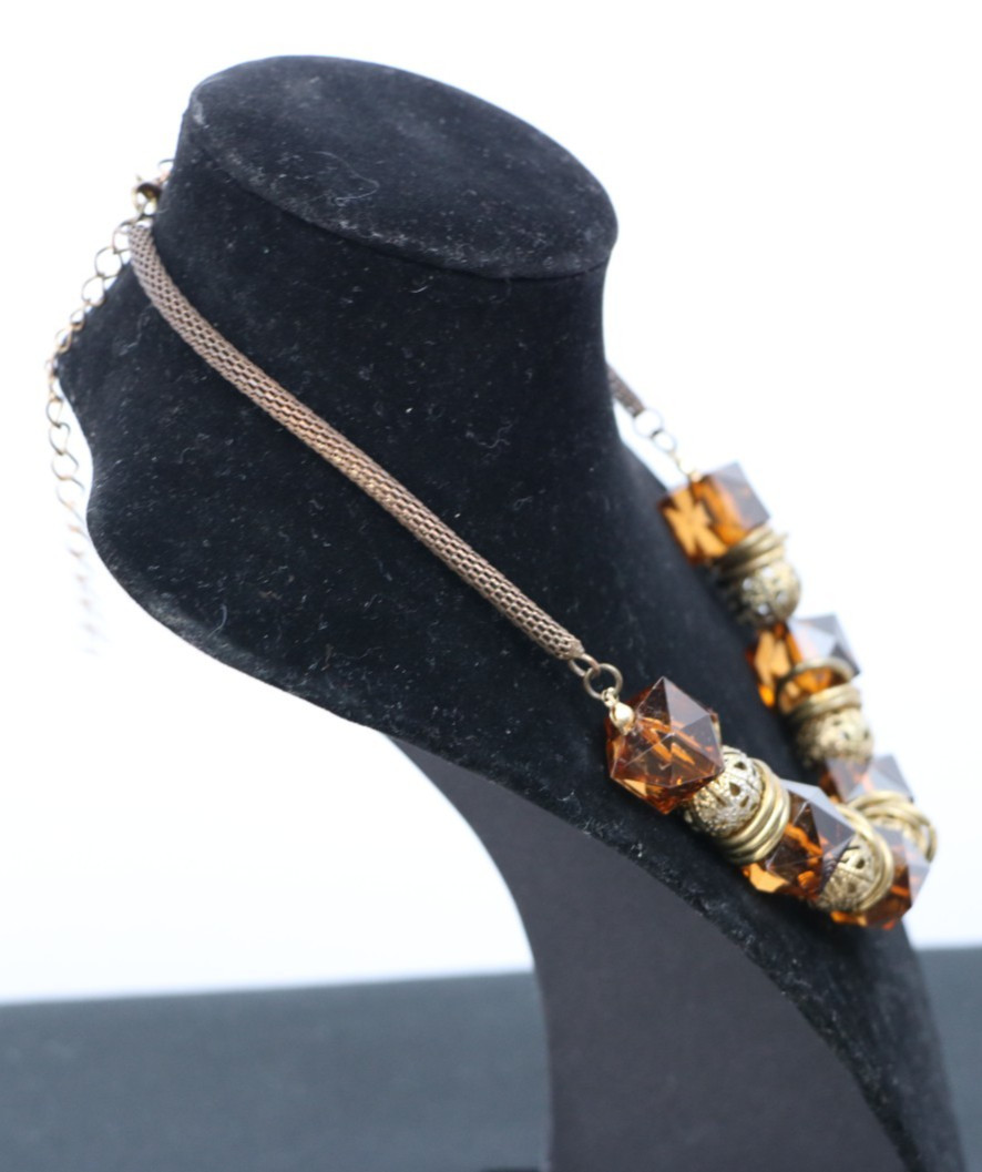Vintage 80s Amber Lucite & Gold Filigree Beaded Statement Necklace Mesh Chain