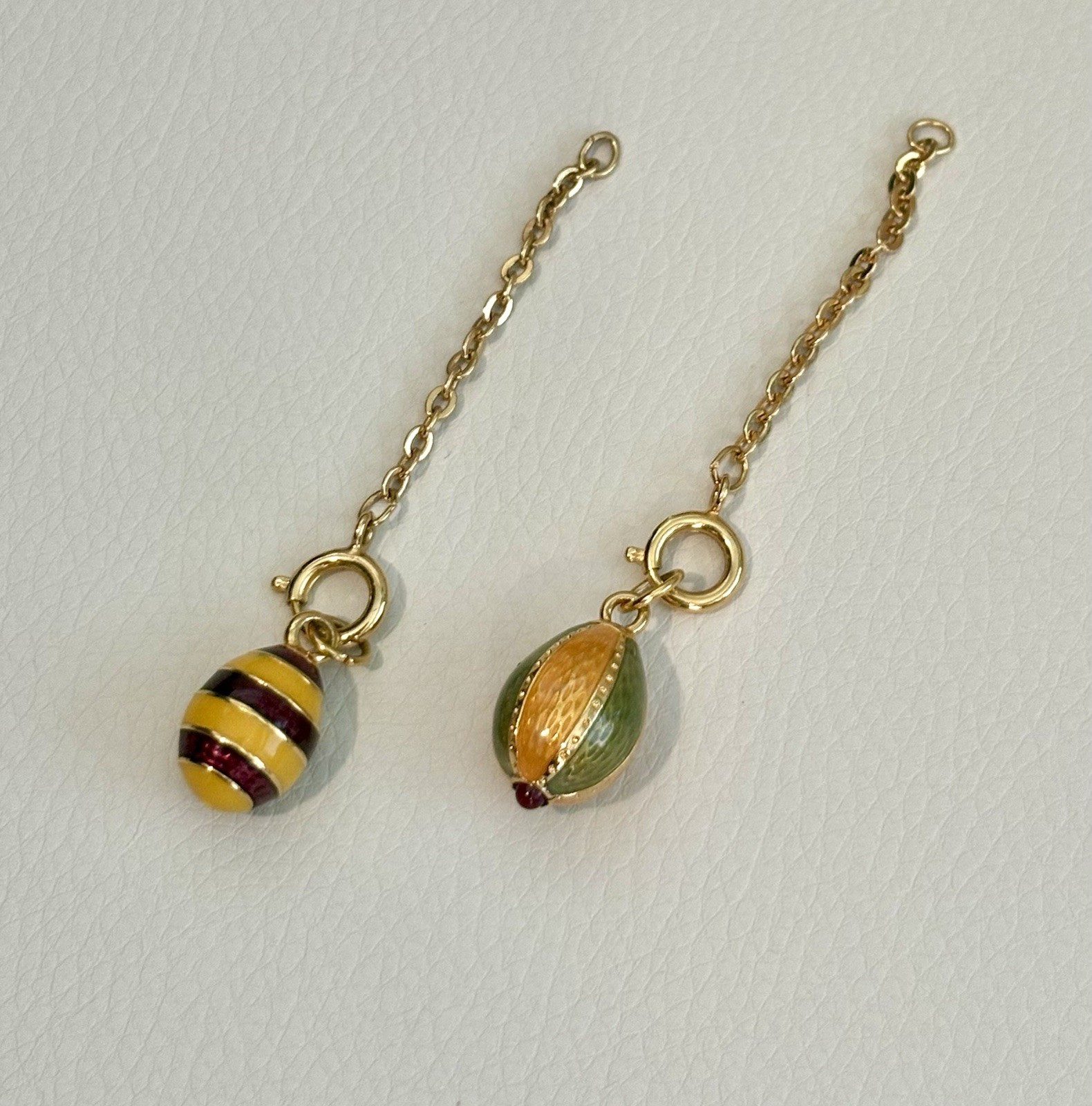 Pair of Joan Rivers Faberge Egg Charms Gold Green Red Cabochon w/ Extenders