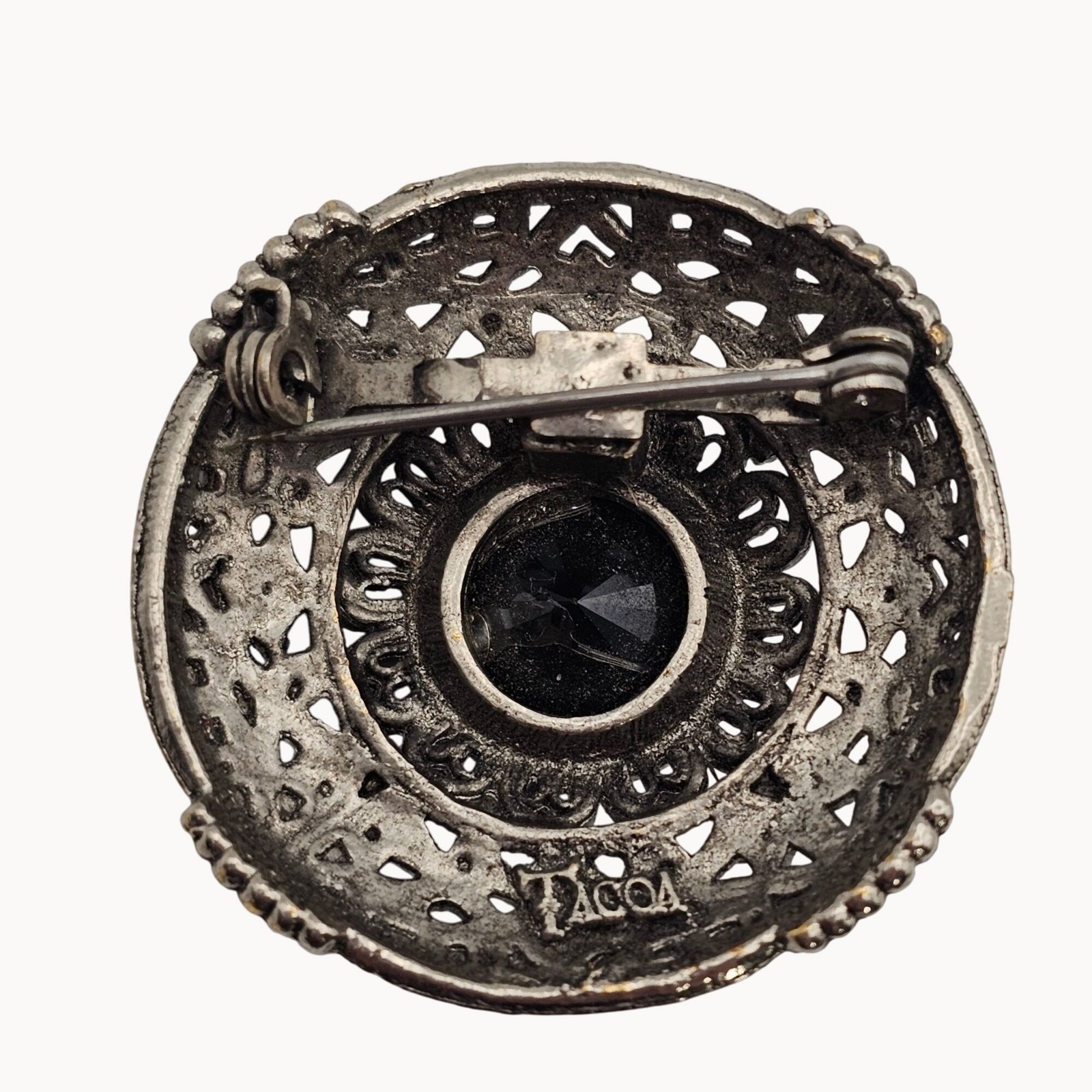 Vtg Tacoa Black Rivoli Filigree Brooch Silver Tone Victorian Revival Gothic Pin