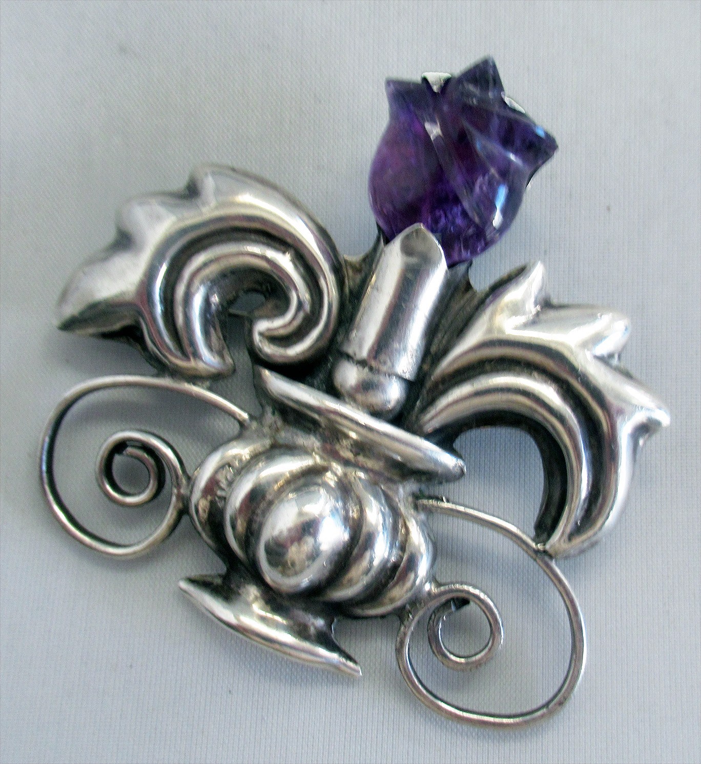 SPRATLING ERA STERLING BROOCH w AMETHYST FLOWER, 2 3/8 INCHES