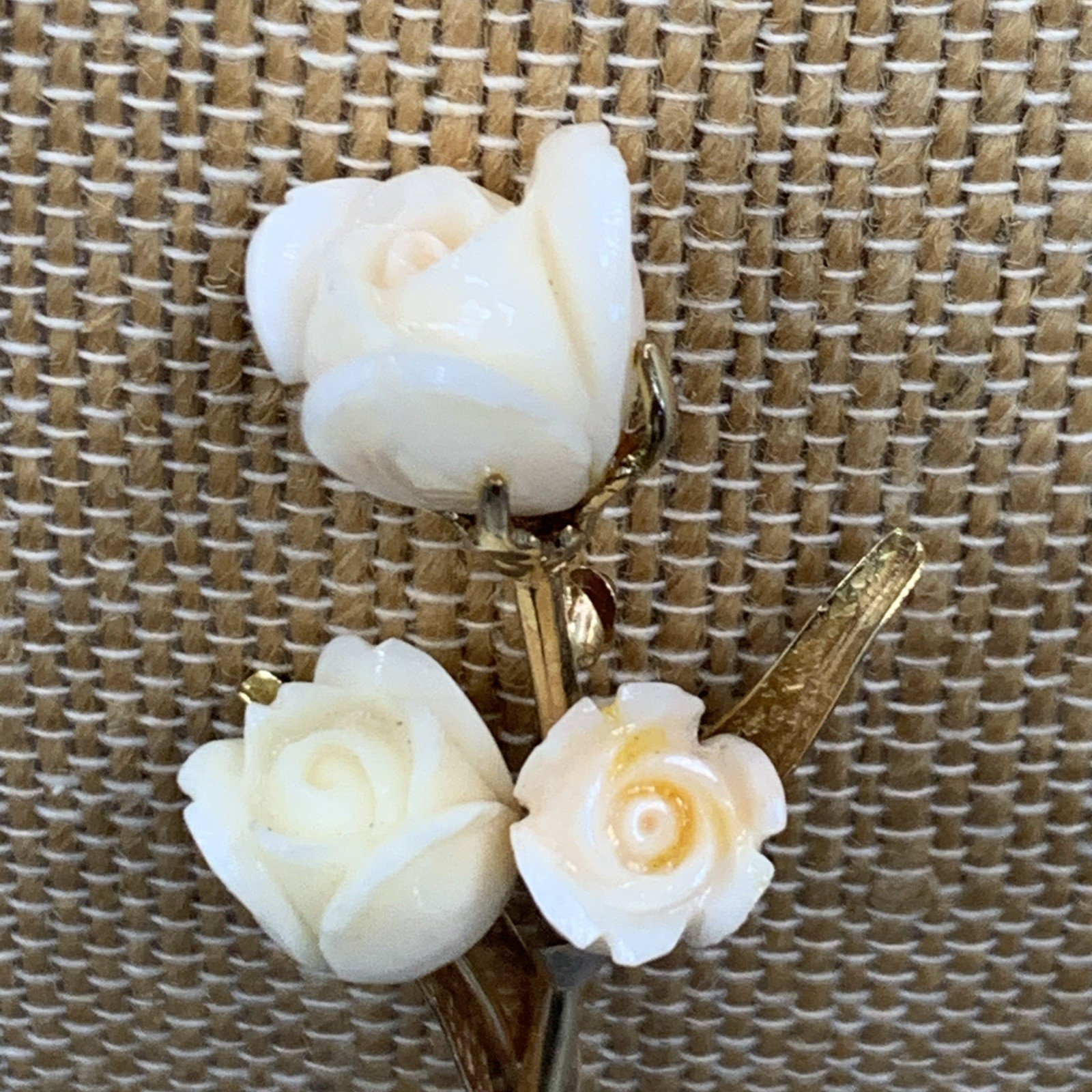 Vtg Masaniello 14k Gold & Carved Angel Skin Rose Pin Brooch. 11.38g, 2.4”x1.1”