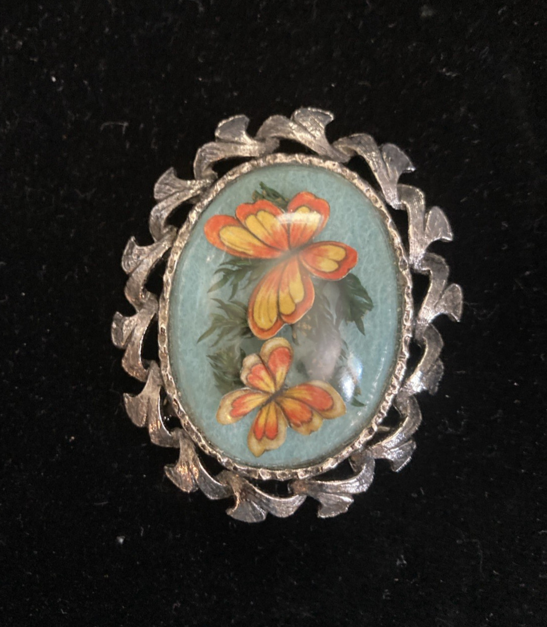 Vintage Style Oval Silver Cabochon Butterfly Brooch/Pendant 2.25″ Long