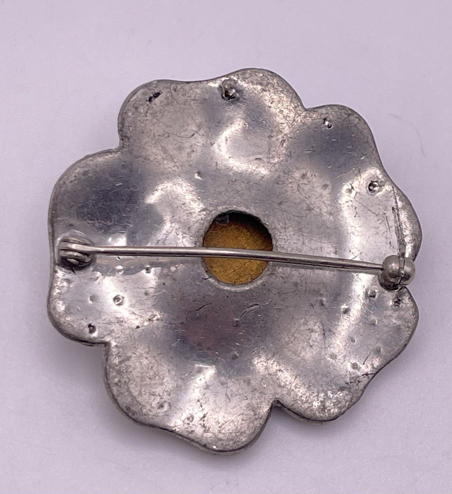 Vintage Pewter w Clear Rhinestones Flower Shaped Brooch Pin