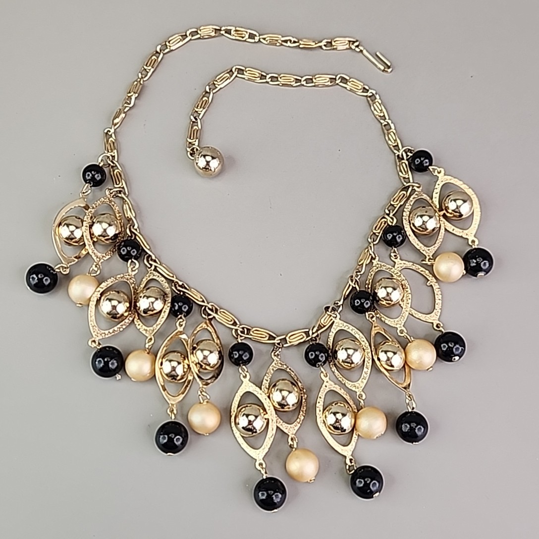 Vintage Statement Necklace Black Beaded Fringe Dangles Gold Tone Snail 16.5″