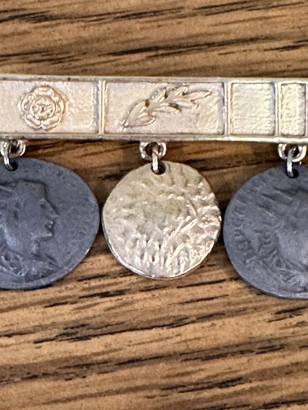 Vintage Brooch Pin ~ 4 Coin Charm Runway Bar Dangle Drop Mixed Metals ~ 2.75″