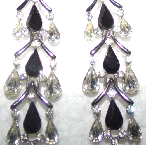 CROWN TRIFARI signed 3 1/2 inch dangle earrings with black stones-OMG!!