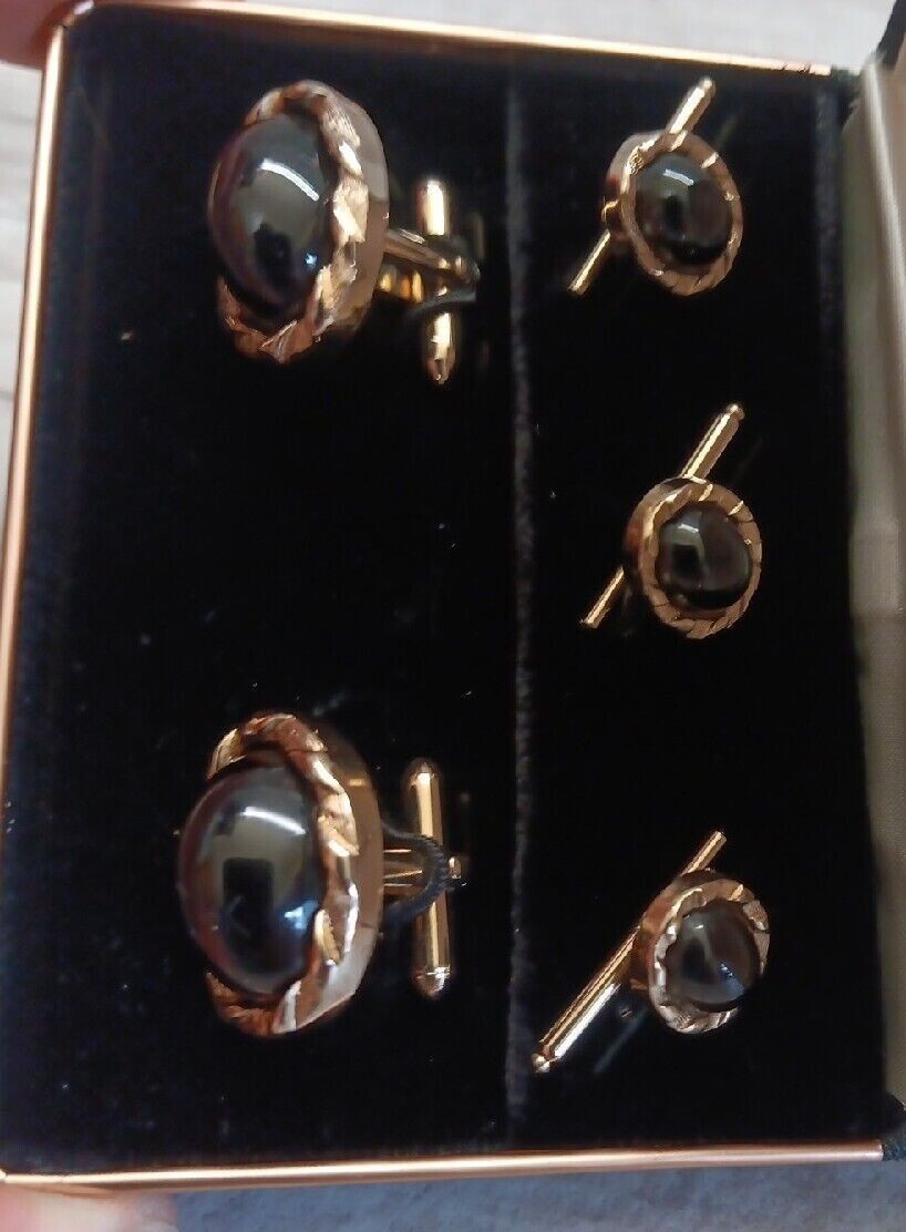 ✅VTG Swank Gold Tone & Black Cabochon Cufflinks Studs Dress Set in Original Box