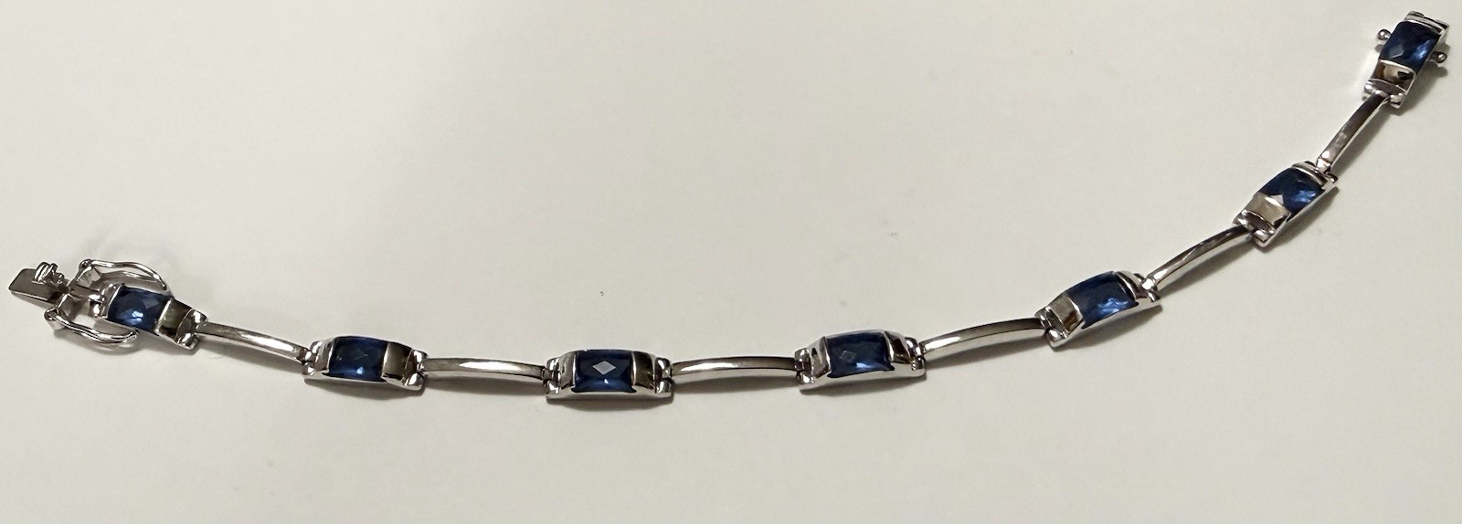 Vintage FAS Sterling Silver Blue Faceted Stone Station Bar Link Bracelet 7”, 10g