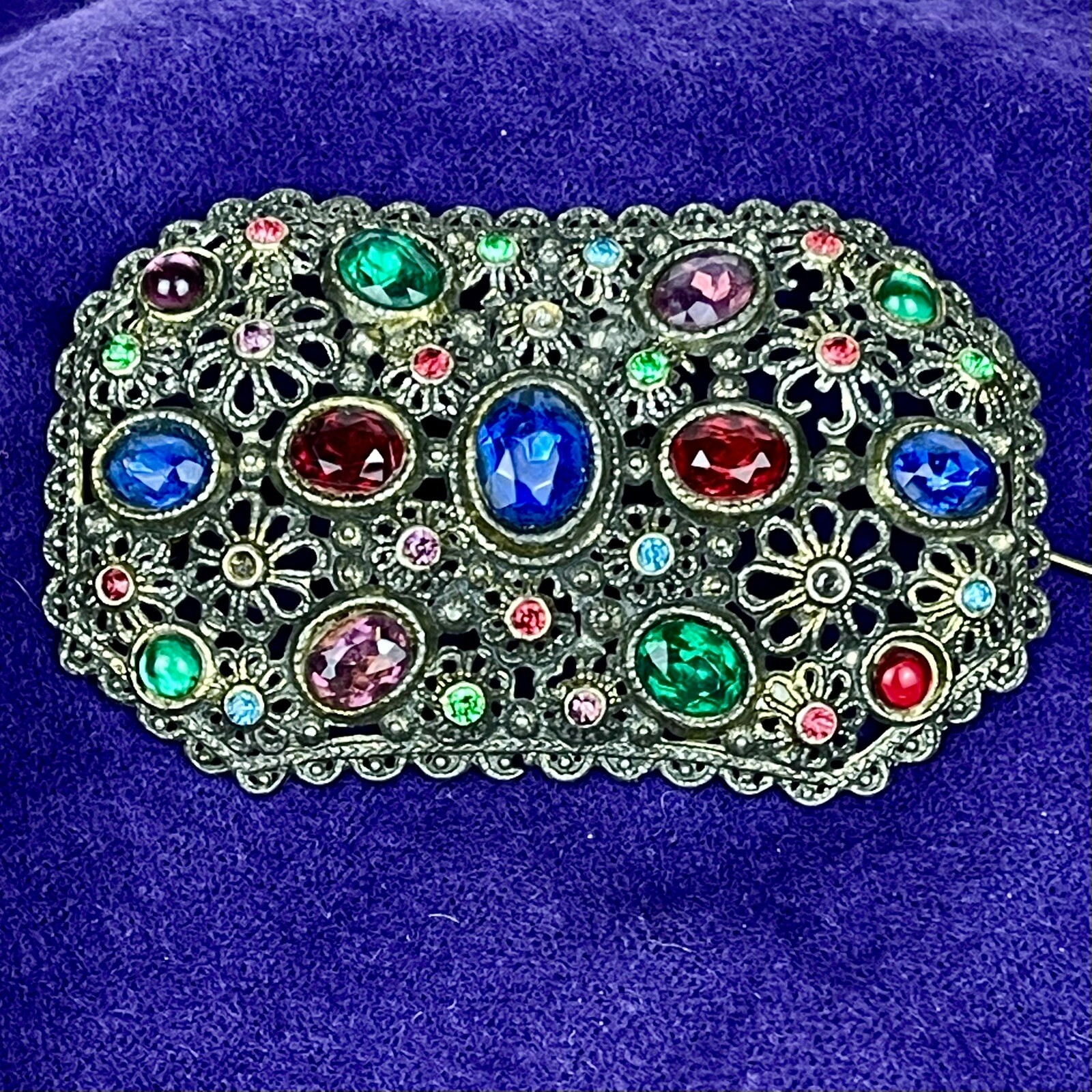 Estate Brooch New England Glass Works Vibrant Colors Faceted Stones Vtg 3” Pin