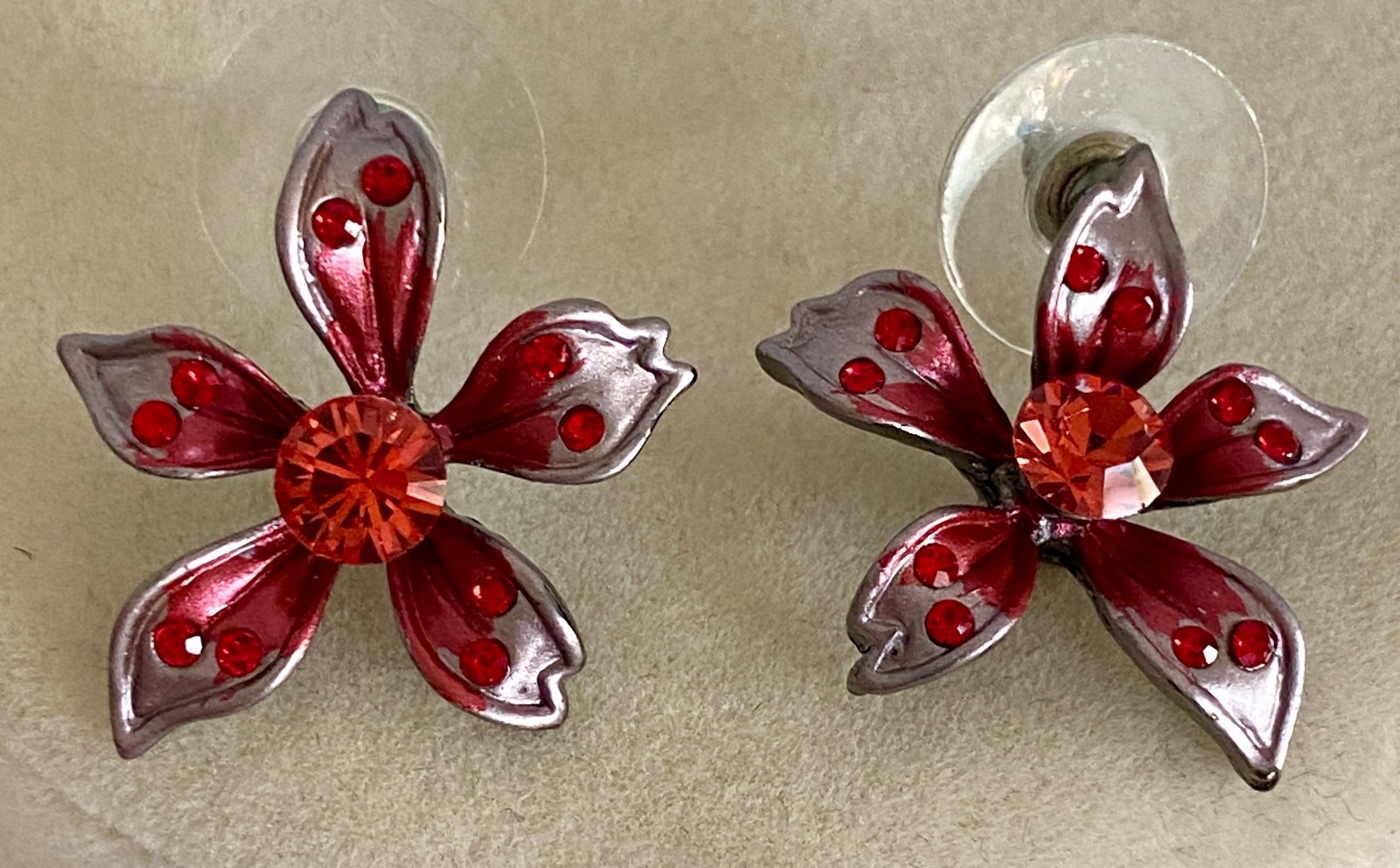 Vintage Ruby Red Enamel & Rhinestone Floral Statement Set Necklace Earrings