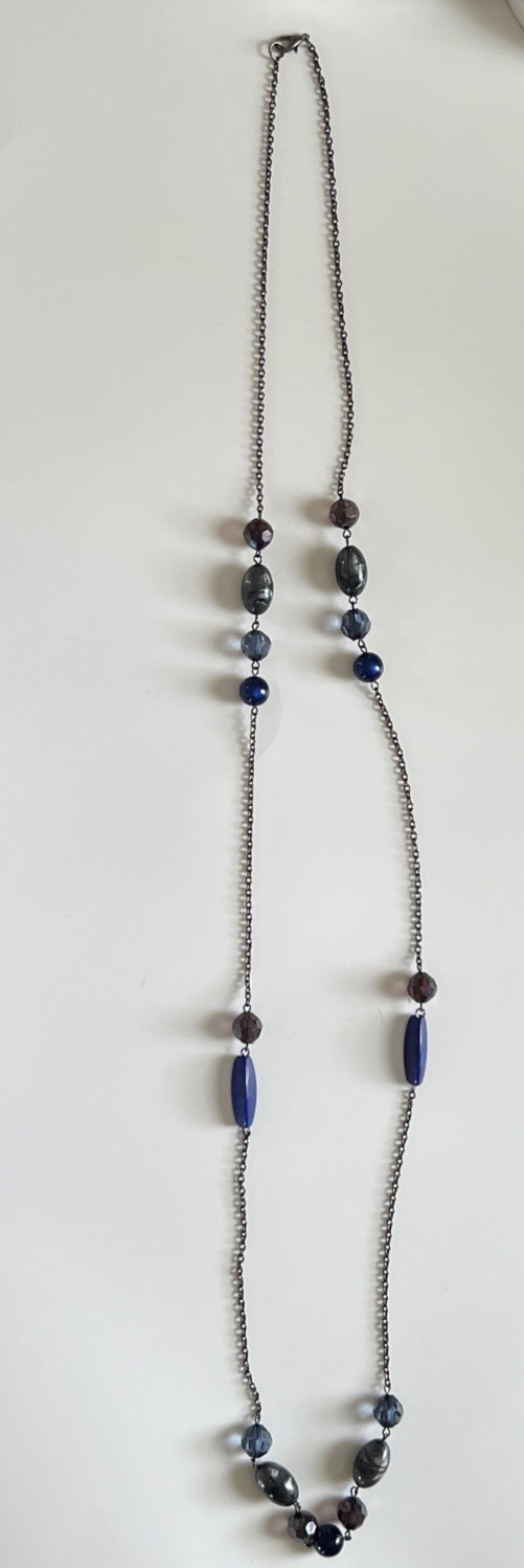Vintage Long Necklace Blue Glass Beads Stones Different Shapes & Hues 46” Long