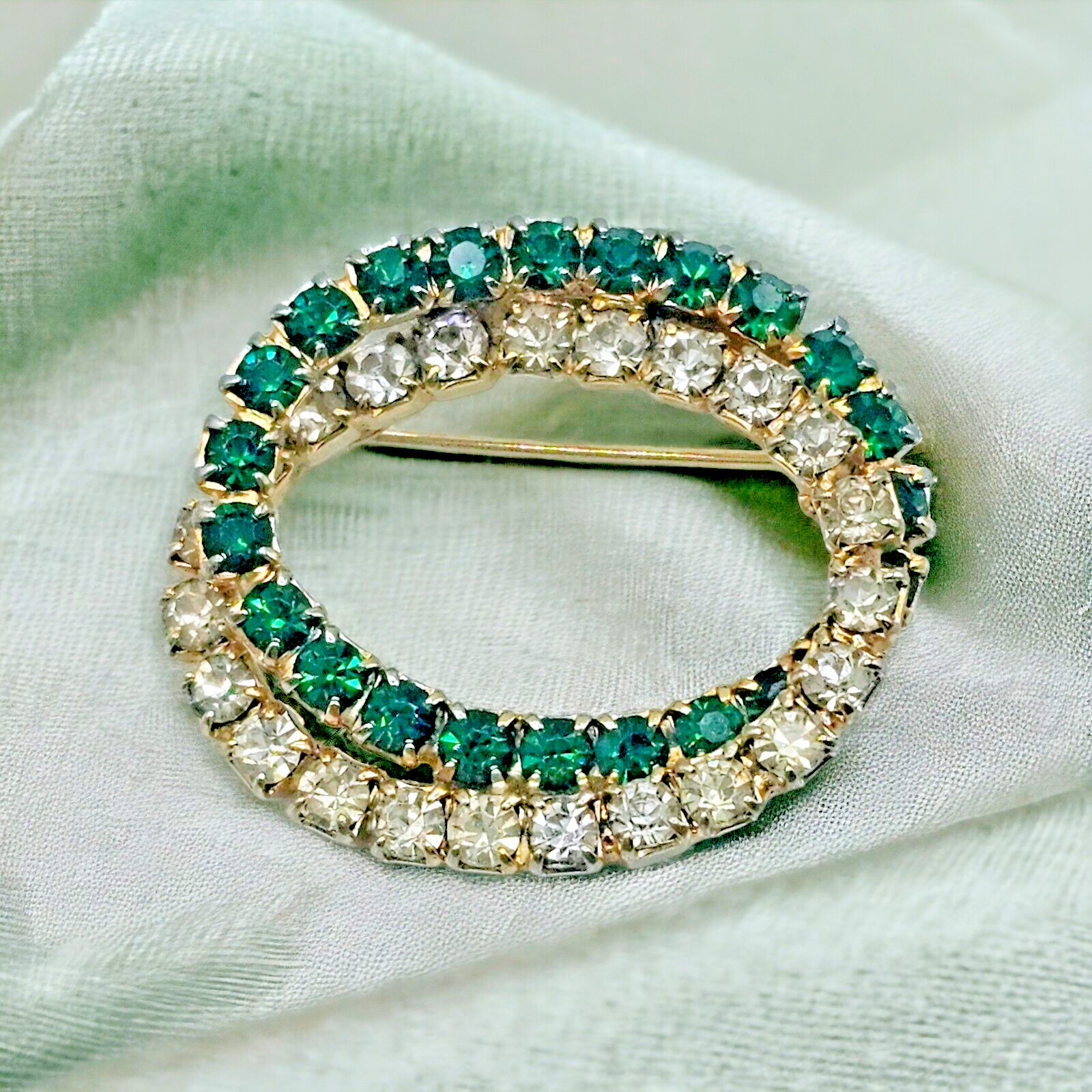 Emerald Green Brooch Vintage Open Double Oval Crystal May Statement Jewelry Pin