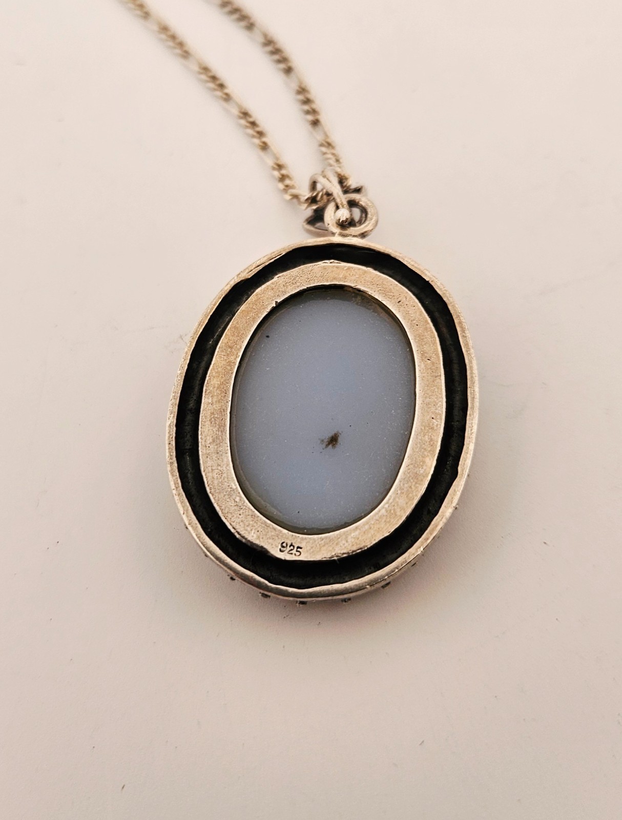 Sterling silver carved vintage cameo pendant on thin figaro chain necklace 18″