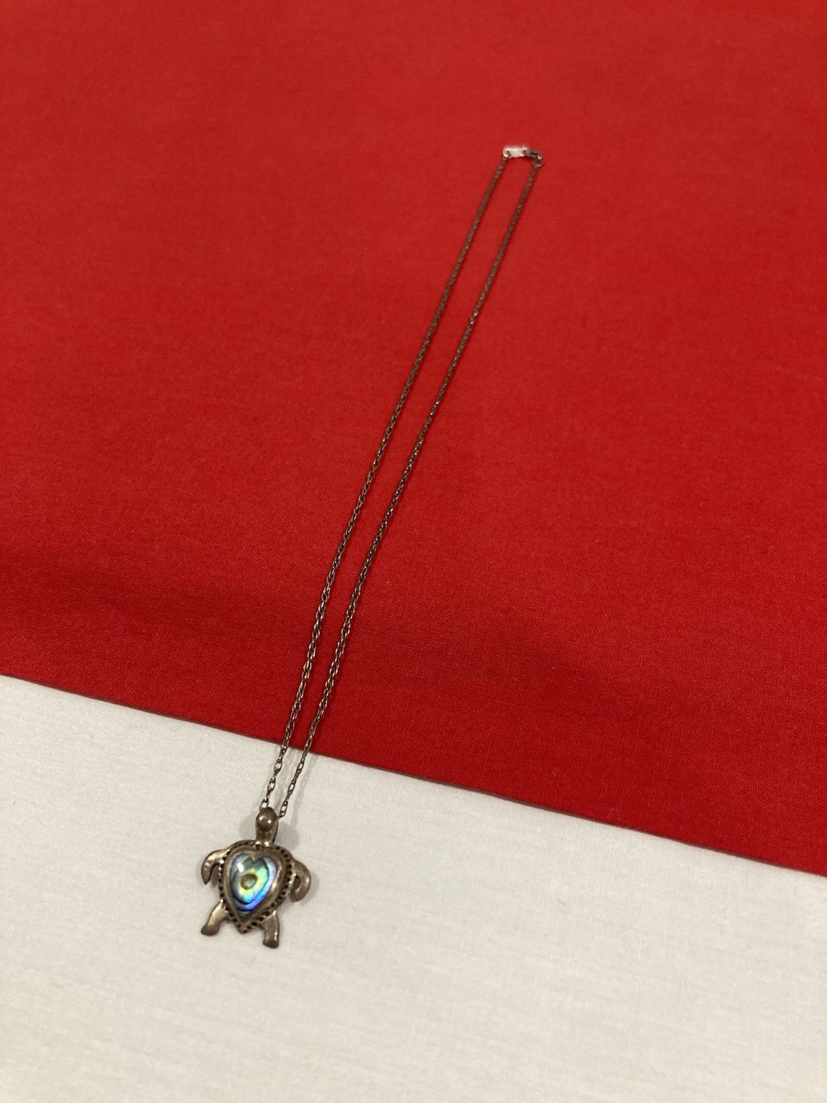 Vintage 925 Sterling Silver Abalone Heart Turtle Pendant & Chain Necklace 18.5”