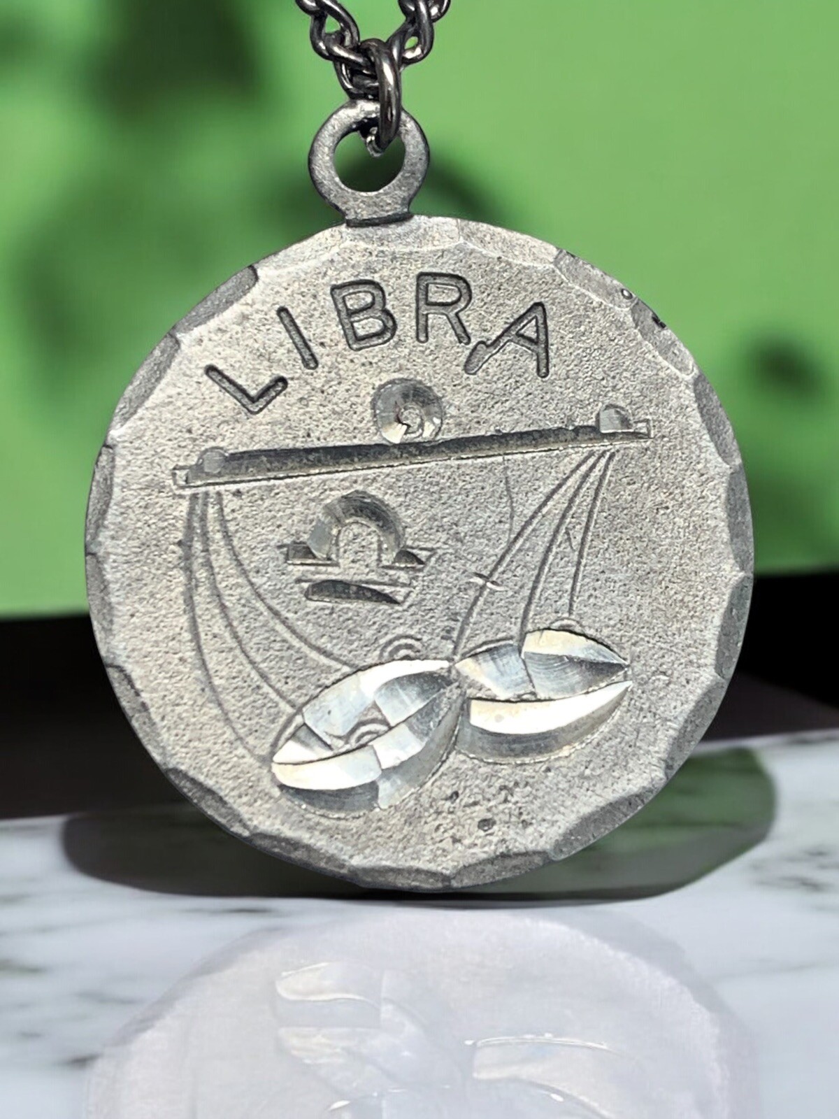 Vintage Pewter BDA Zodiac astrology Libra Horoscope Pendant Necklace 18”
