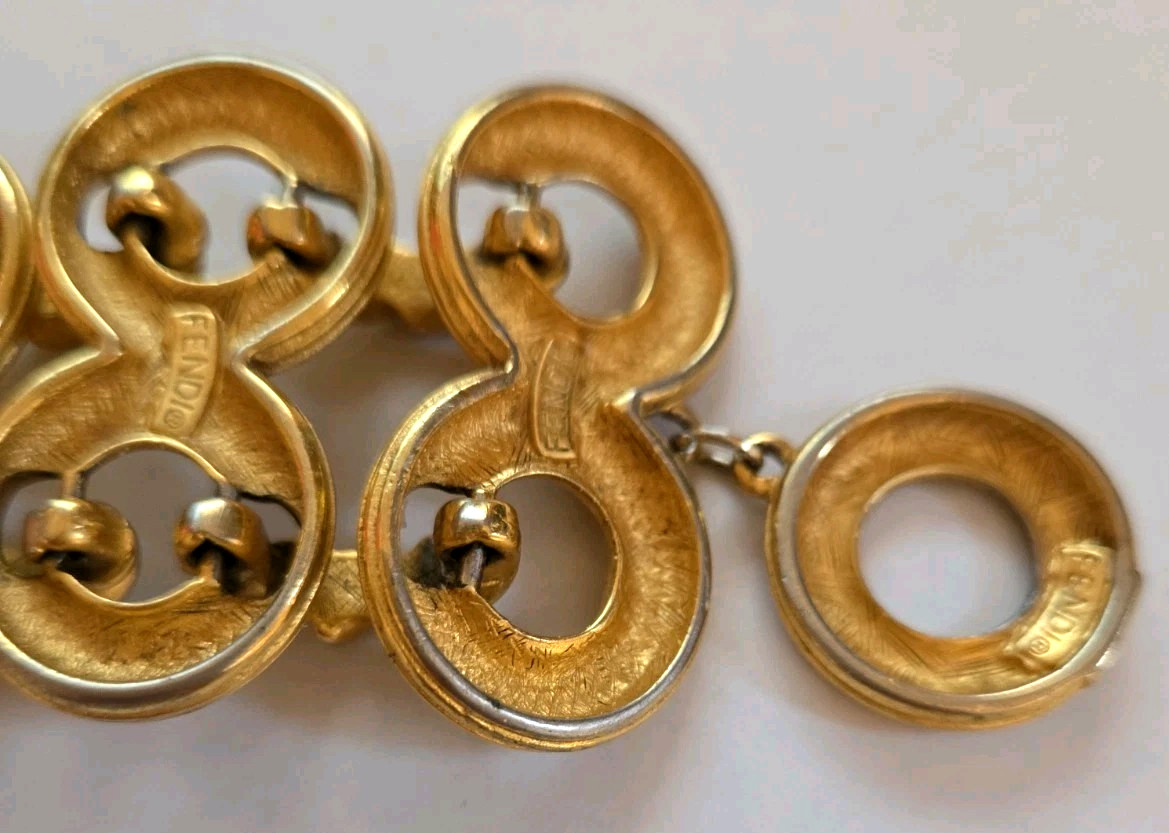 Vintage FENDI Wide Two Row Gold Plate Bracelet 8″ Length Signed 80s