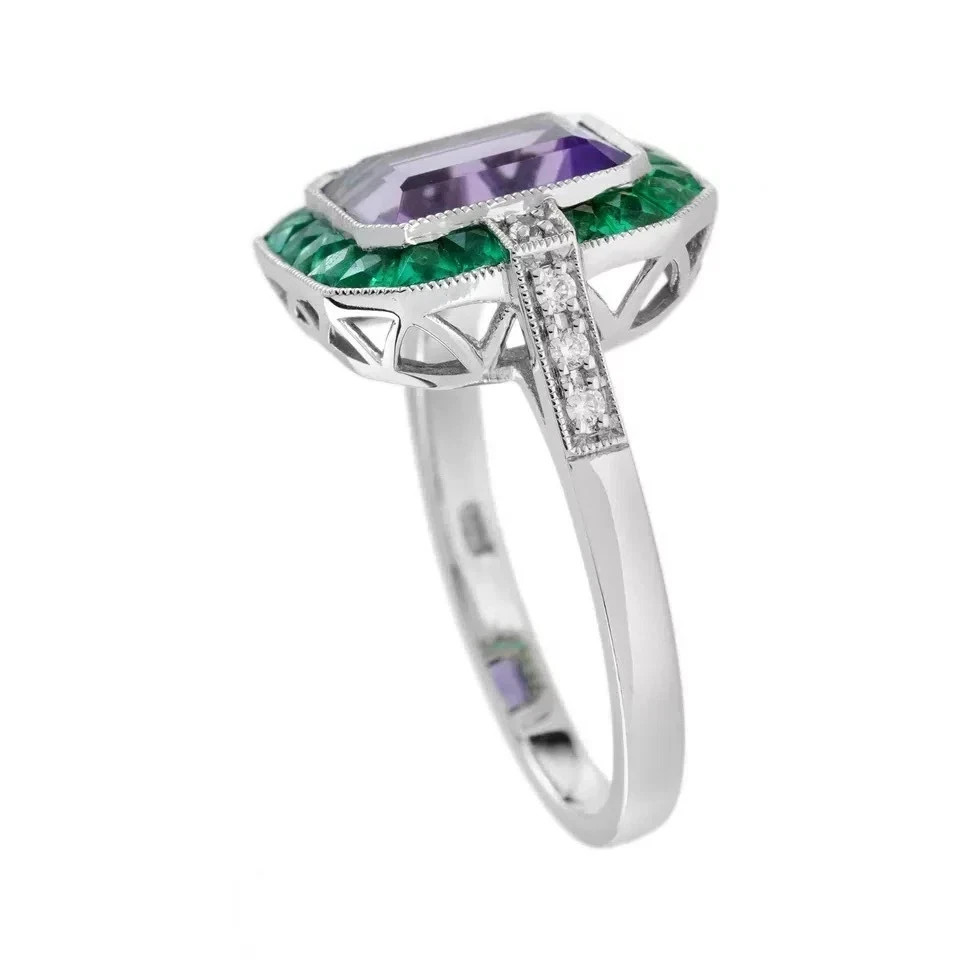 4Ct Art Deco Style Emerald & Amethyst Lab Created Diamond 14K White Gold FN Ring