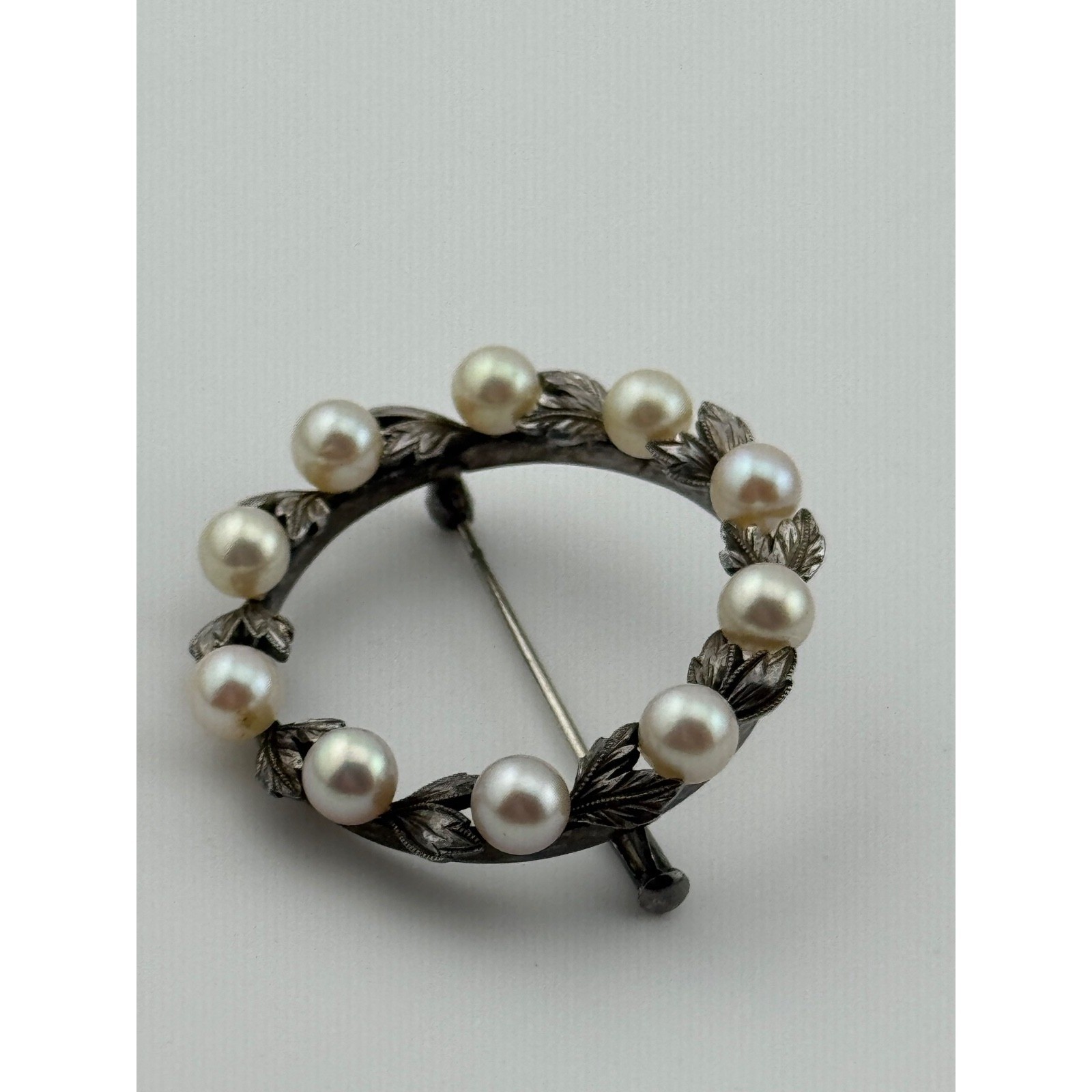 Vintage Mikimoto Wreath Brooch Sterling Silver Pearl Leaf Design Pin