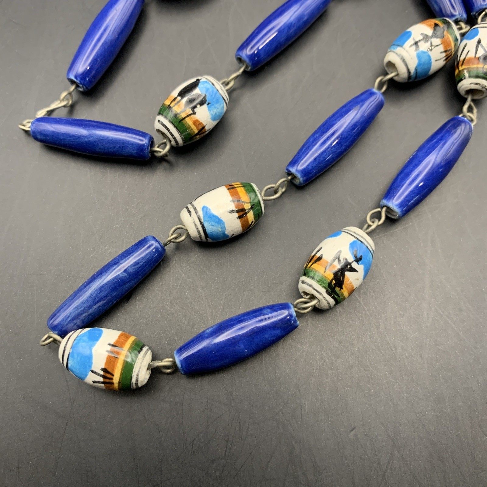 Ceramic Hand Painted Necklace Folk Art Ethnic Peruvian ? Blue Beaded Vintage