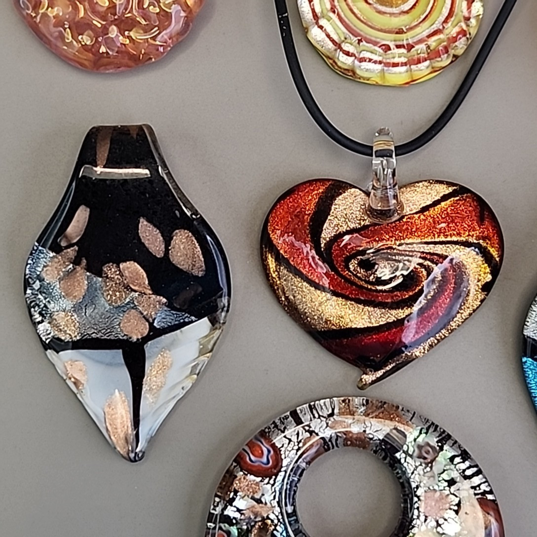 Vintage Glass Pendant Lot of 8 Red Artisan Foiled Fused One Cord