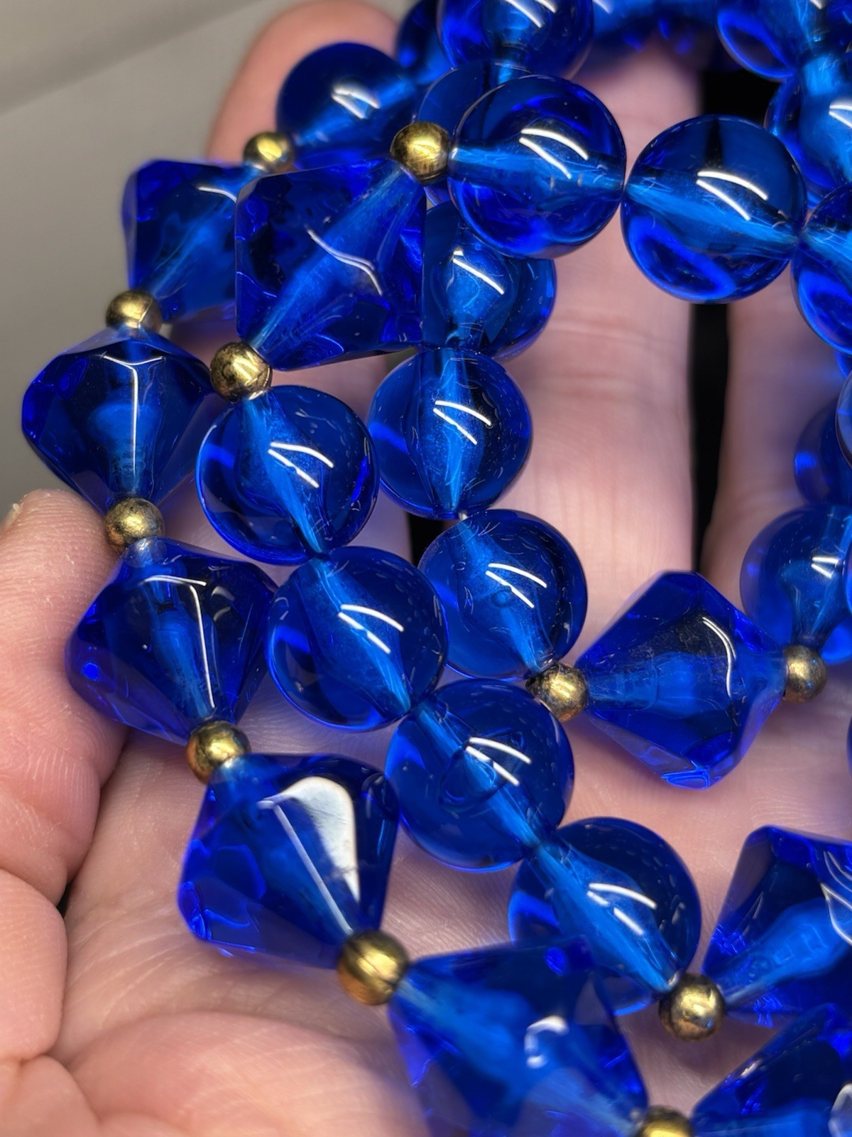 Vintage Blue Lucite Bicone Round Bead Necklace 23” Brass Spacers MCM