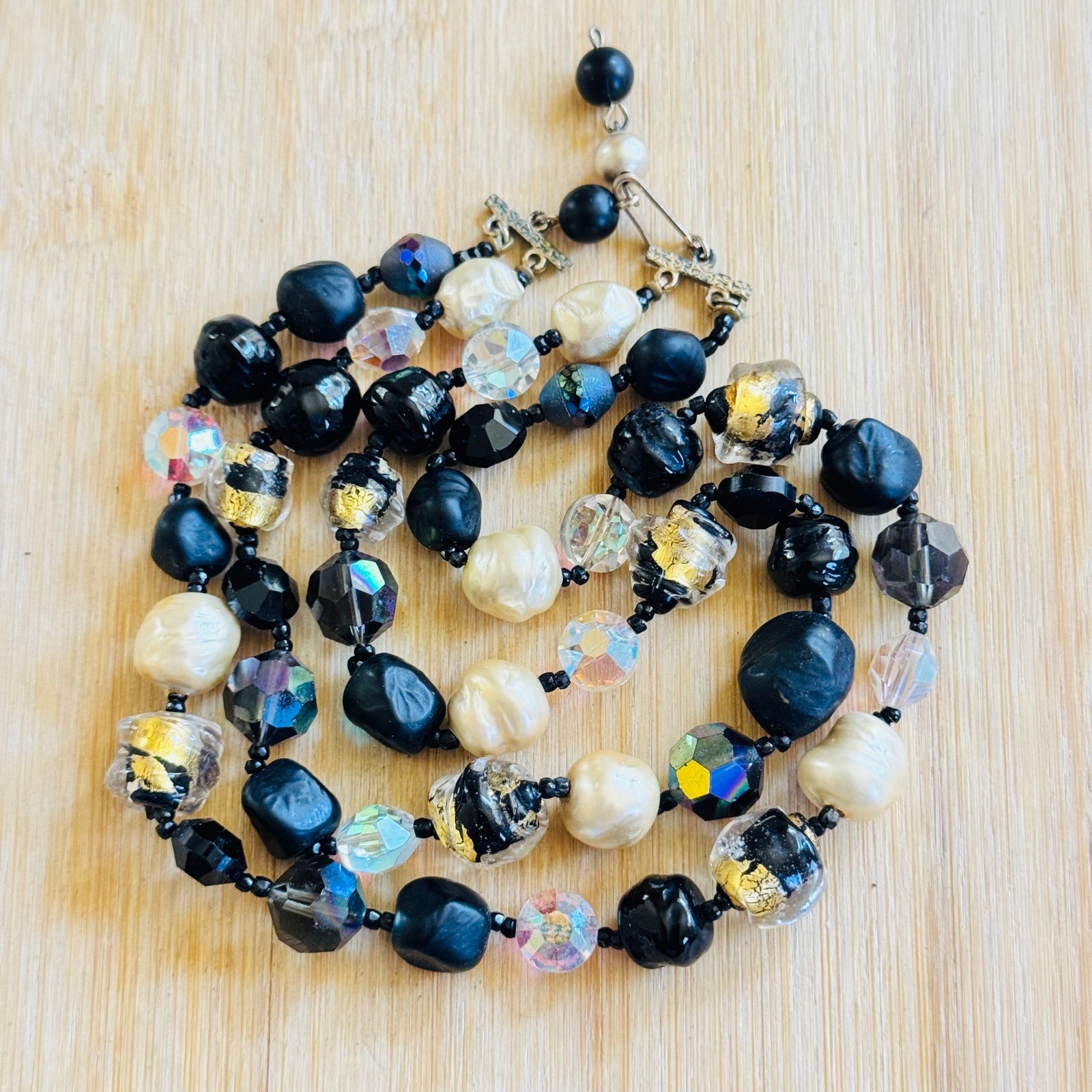 Vtg Crystal Glass Necklace Multi Venetian Gold Foil Choker 40s French Elegance