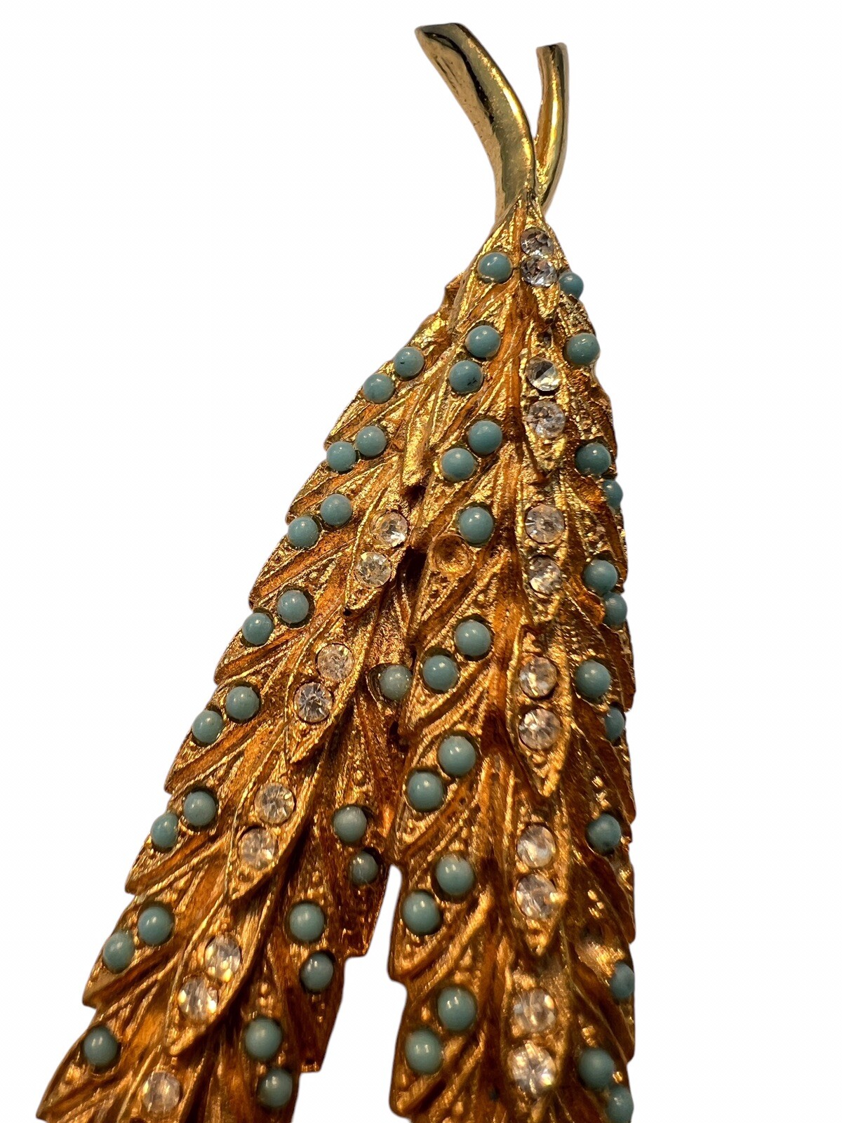 Rhinestone Brooch Faux Turquoise Leaves Feathers Gold Tone Textured READ A3