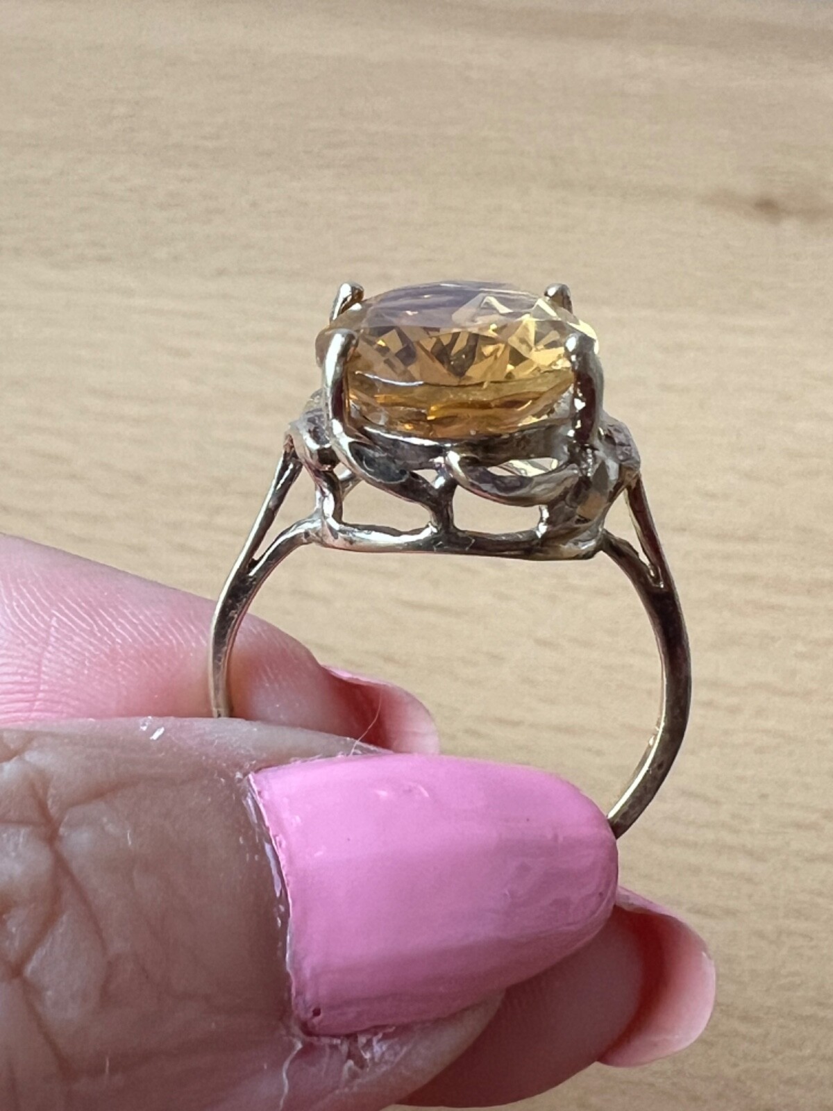 VINTAGE LARGE OVAL HONEY GOLDEN CITRINE STATEMENT RING GILDED 925 STERLING SLVER