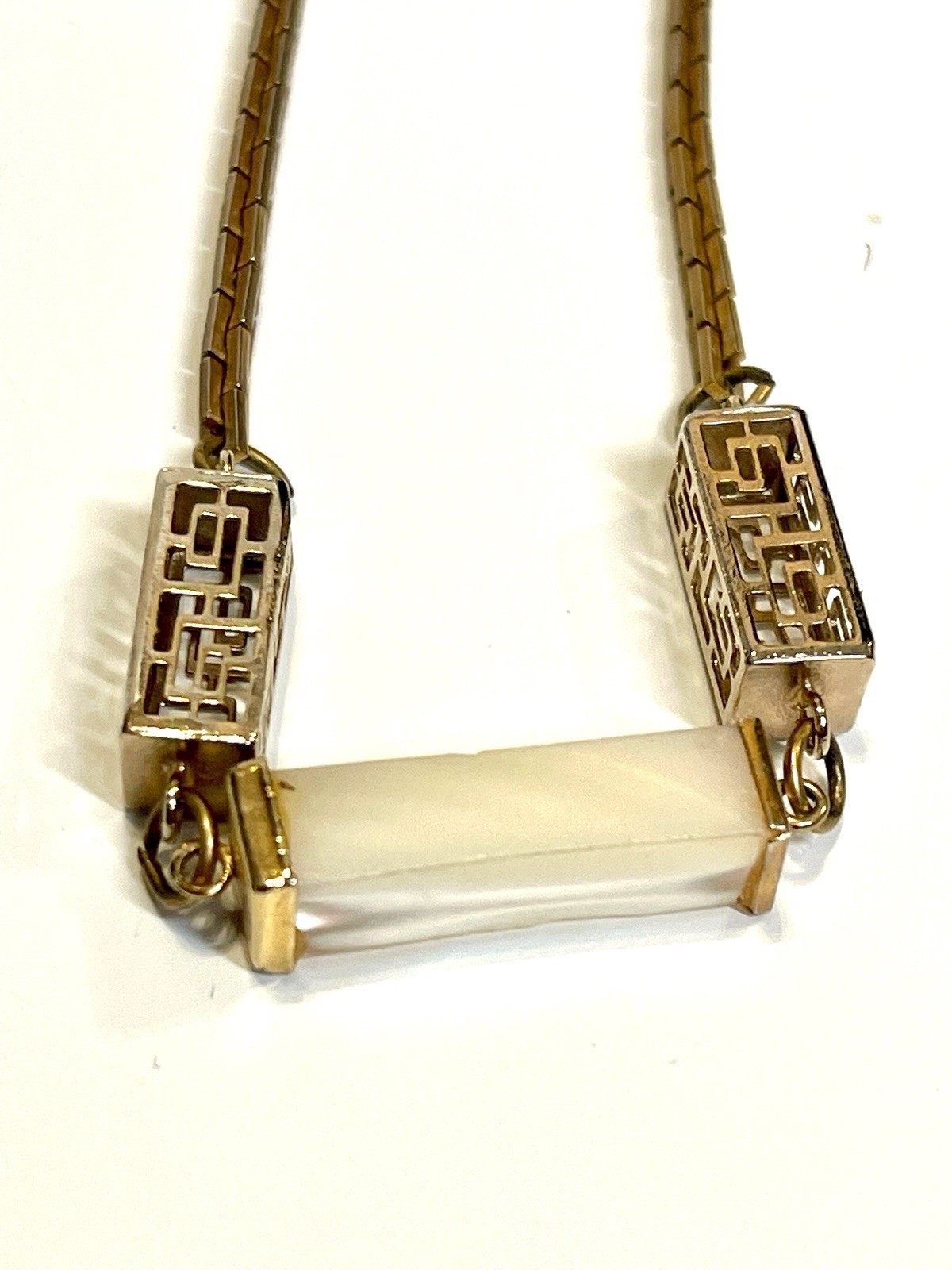 Vintage Faux Ivory and Gold tone Asian Filigree Box Link Necklace 14″