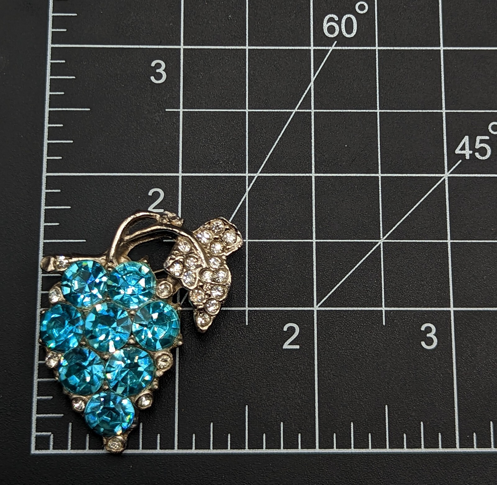 Vintage Aqua Blue Rhinestone Silver Tone Pot Metal Grapes Fruit Brooch Pin