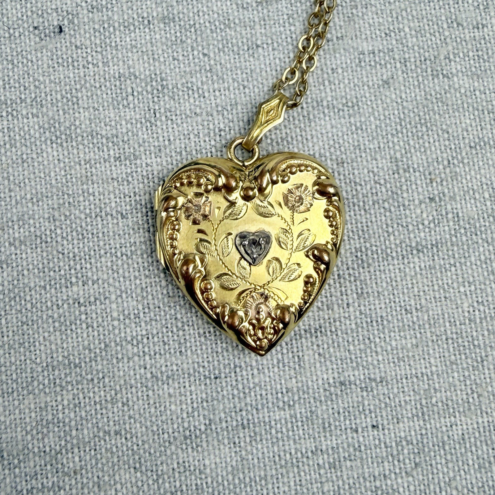 Antique Victorian Art Deco Gold Filled Diamond Heart Locket Pendant Necklace
