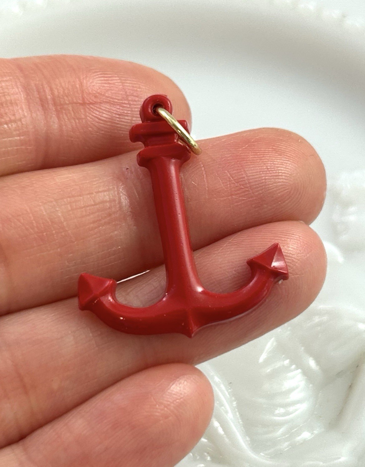 Vintage Anchor Charm Necklace Pendant Vintage Jewelry Ship Nautical Red Color