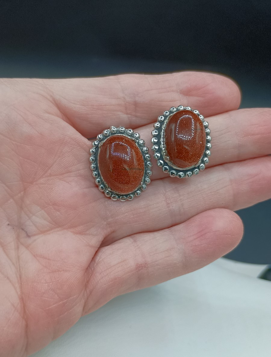 Vintage Goldstone Necklace Clip On Earrings Set Silver Tone