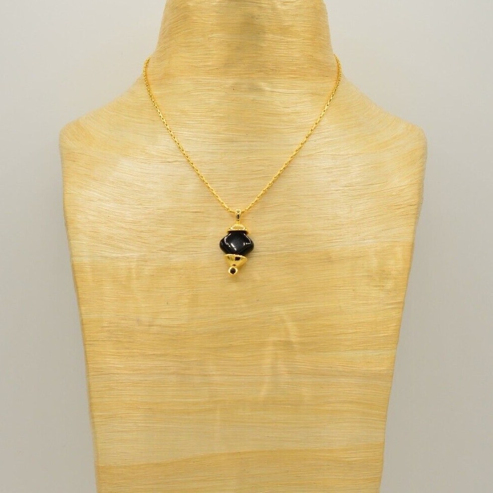 Vintage Cabochon Pendant Collar Necklace Gold Chain Black Beaded 1980s BinE