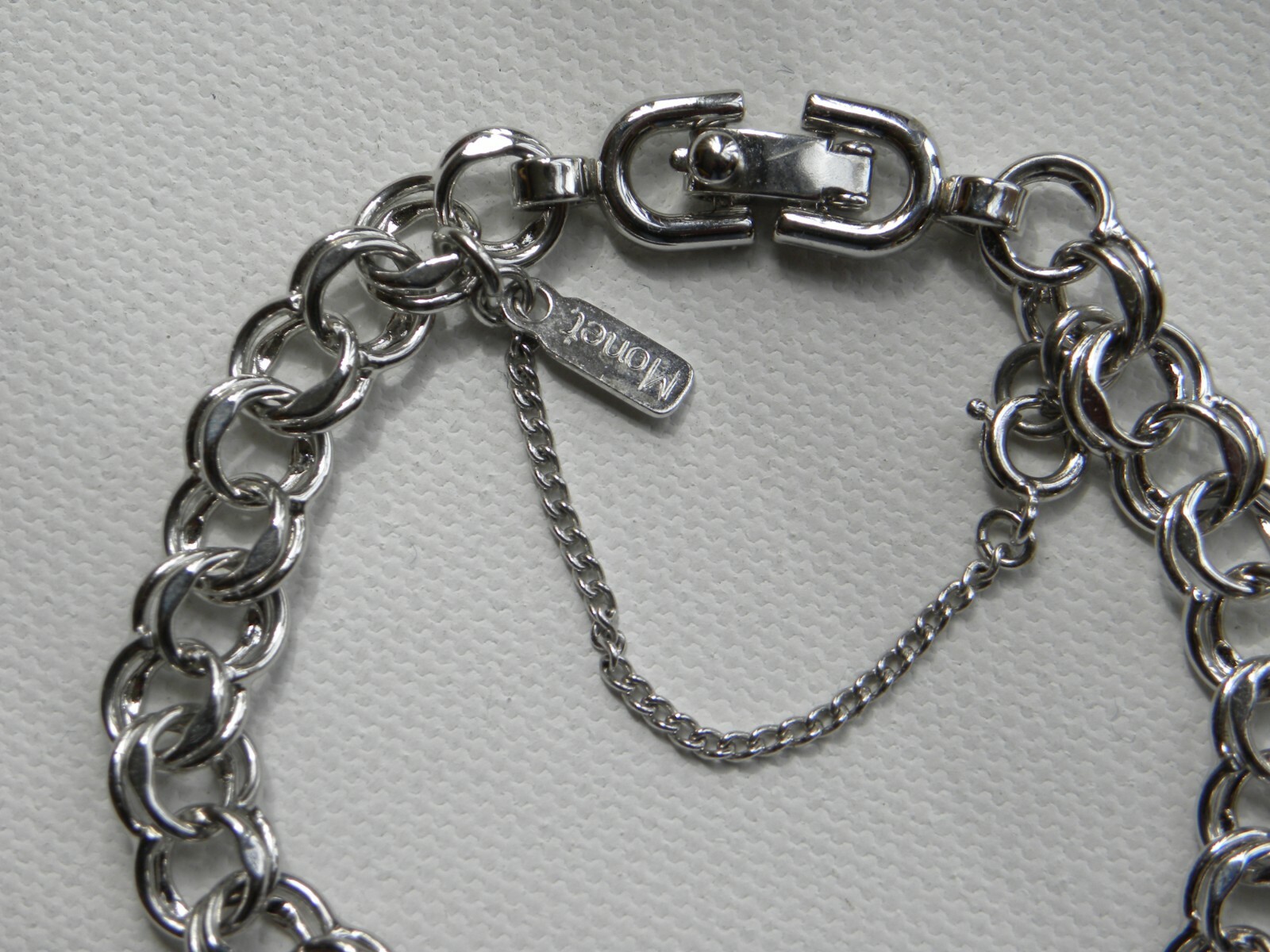 MONET Starter Charm Bracelet Double Link Silver Tone 7 1/8 Inch Safety Chain Vtg