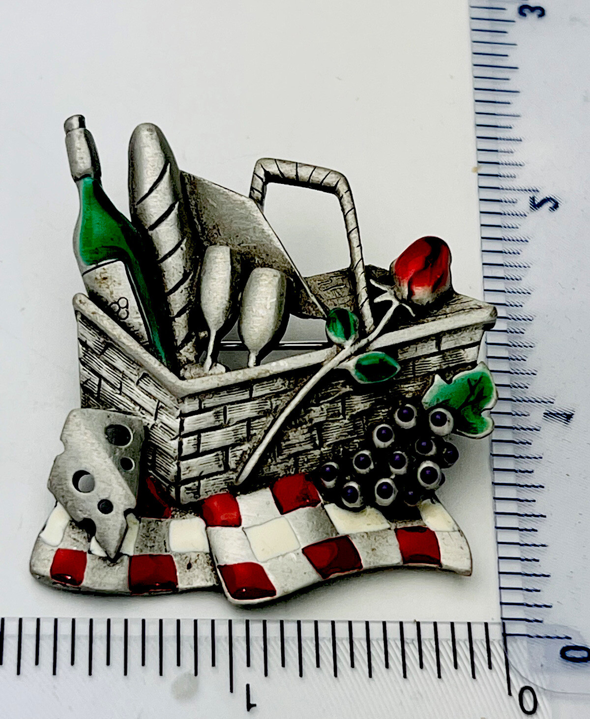 Vintage Pewter Finish Enamel Wine Grape Picnic Basket Pin Brooch