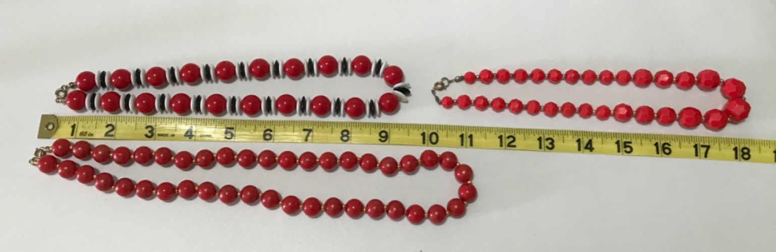 Lot of 5 Red Costume Jewelry Necklaces Fun Bright Beads Various Designs Vintage
