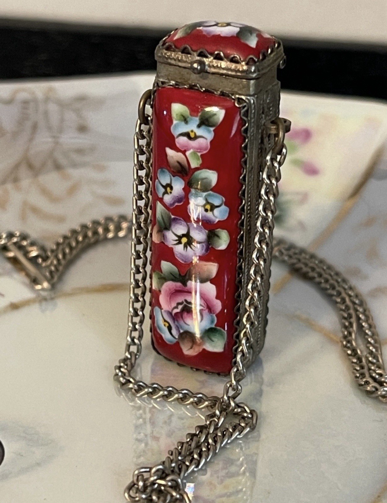 Vintage Russian Finfit Hand Painted Enamel Pillbox Locket & Earring Set