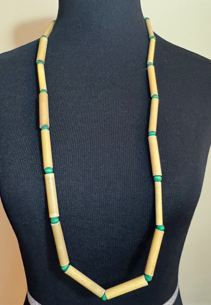VTG 80s Bamboo Wood Beaded Necklace 32″ Green Brown Tubular Boho Tribal Earthy