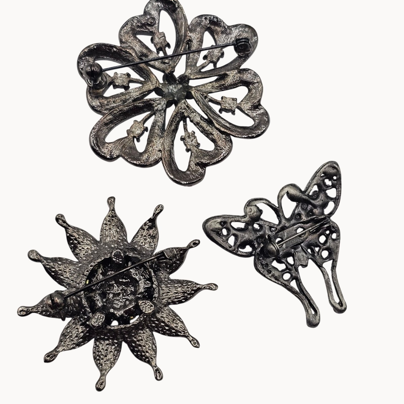 Rhinestone Floral Butterfly Brooch Pin Set 3pc Purple Pink Gunmetal Whimsigoth