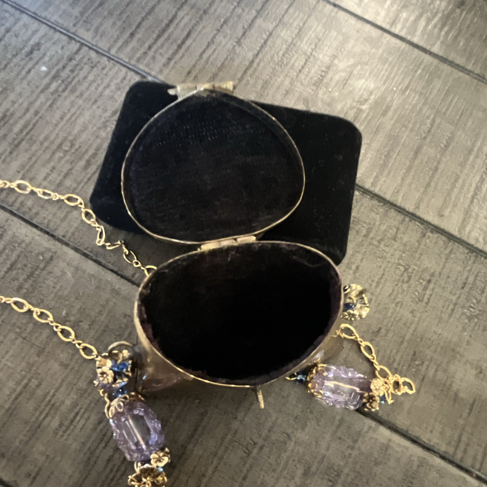 Antique Iris Lane pillow purse, necklace brass on gold filled chain.