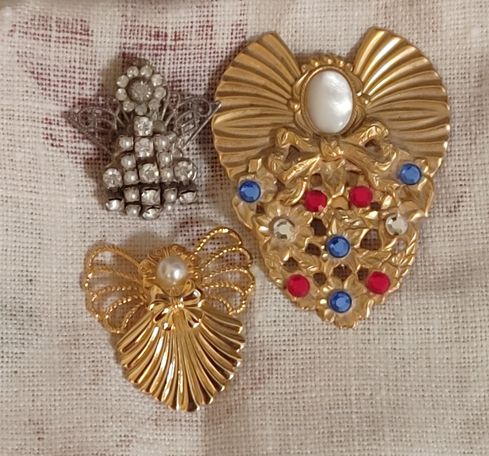 3 Vintage Angel Jane Davis Brooch Pins AOL Rhinestones Silver Gold Tone Brooches