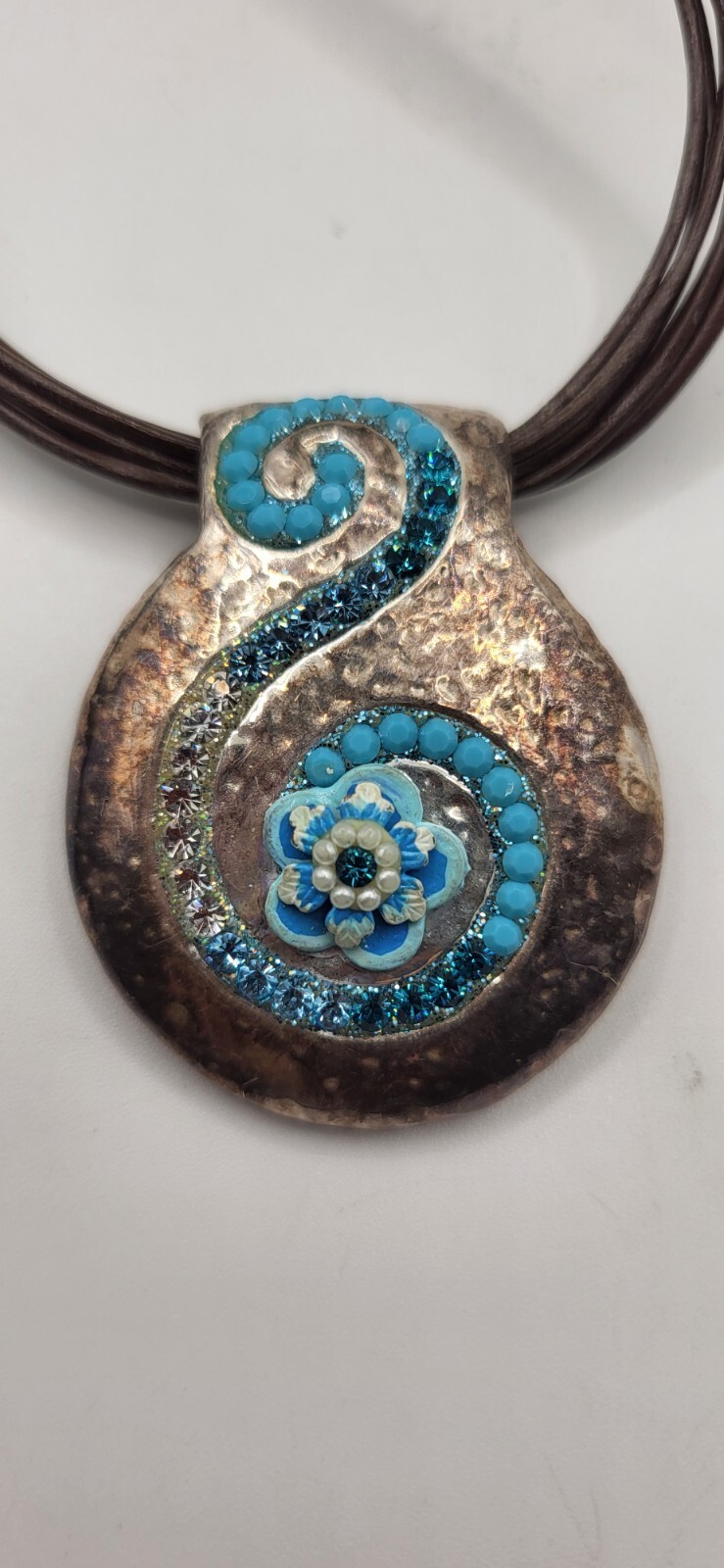 Blue Crystal 925 Sterling Italy Pendant Necklace Leather Cord Artistan Crafted