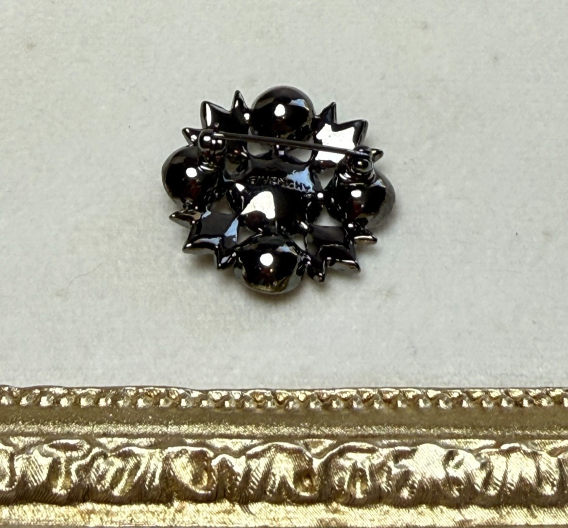 Signed Givenchy Brooch Dark Purple & Pink Rhinestone Crystals Gunmetal Starburst