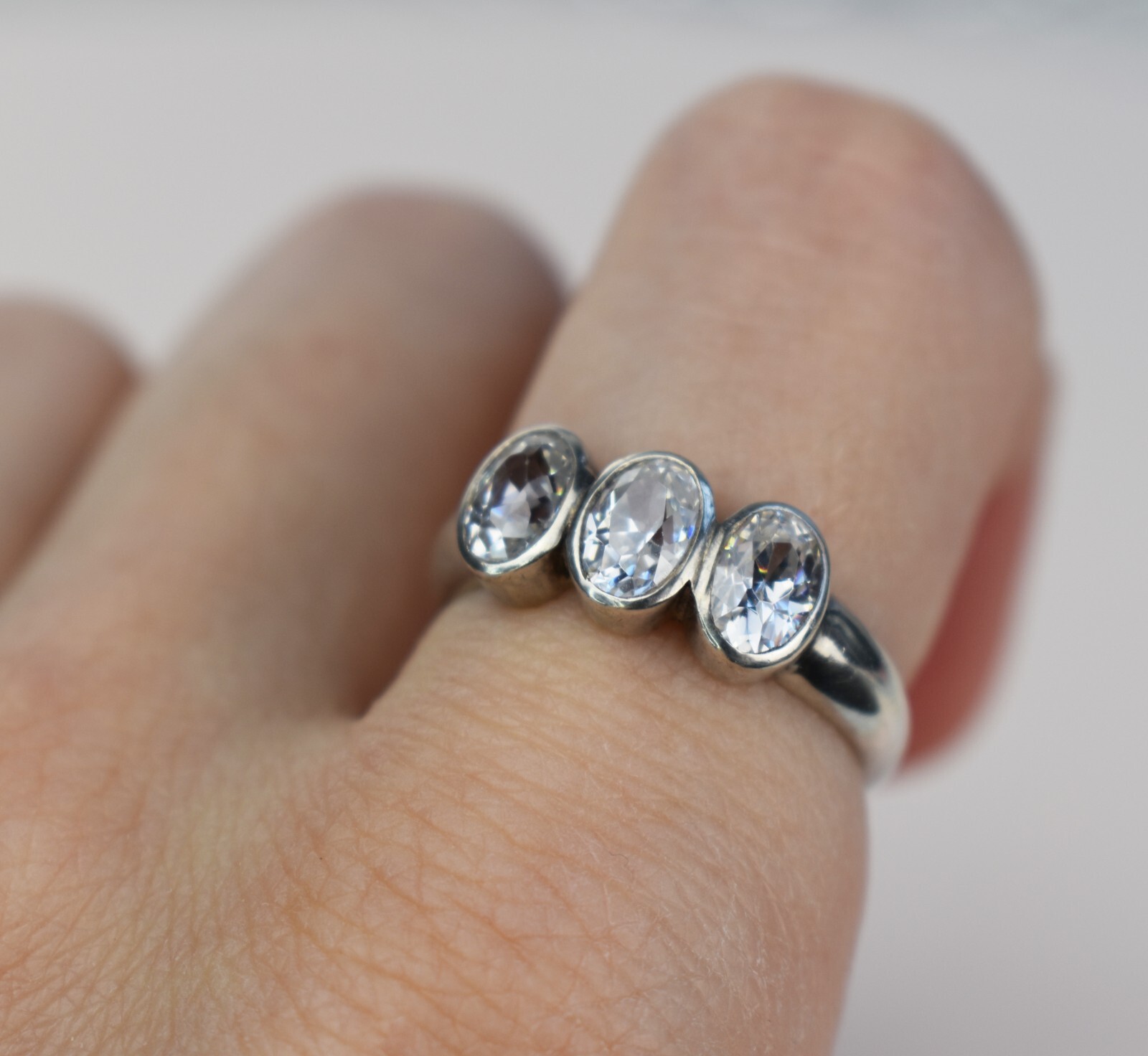 Chunky sterling silver ring with clear gemstone, basic casual right hand ring