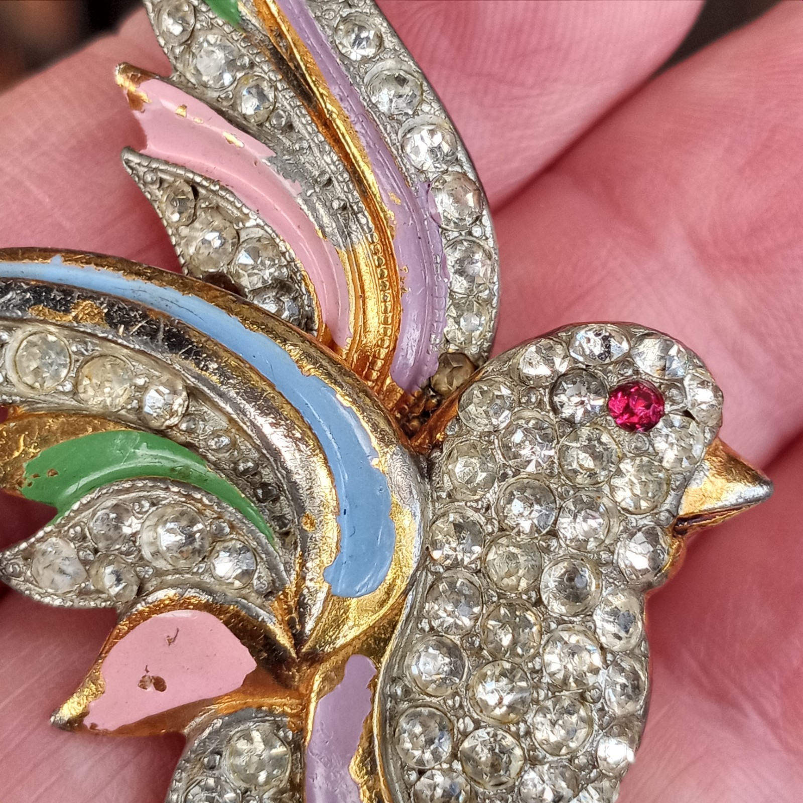 Vtg Coro? Clear Red Rhinestone Pink Blue Enameled Green Paradise Bird Brooch Pin