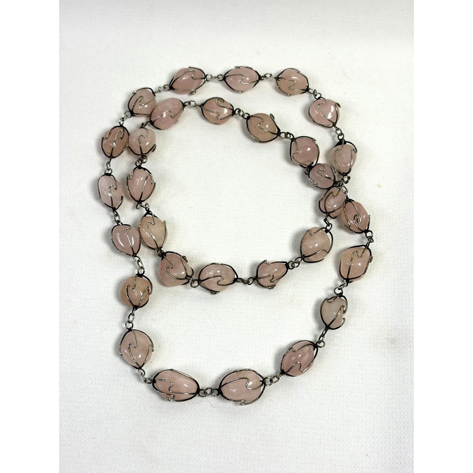 Vintage Pink Rose Quartz Caged Stone Bead Necklace Jewelry Wired 36in