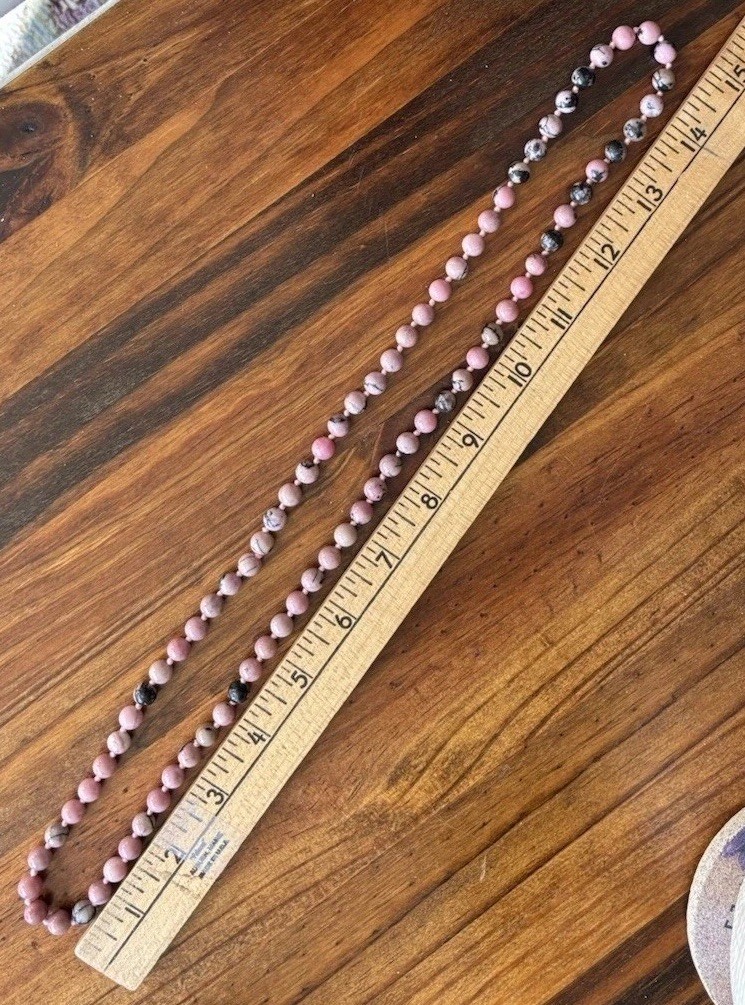 Vintage Pink/Black Rhodonite 8mm Beaded 30” Necklace Hand Knotted Silk No Clasp