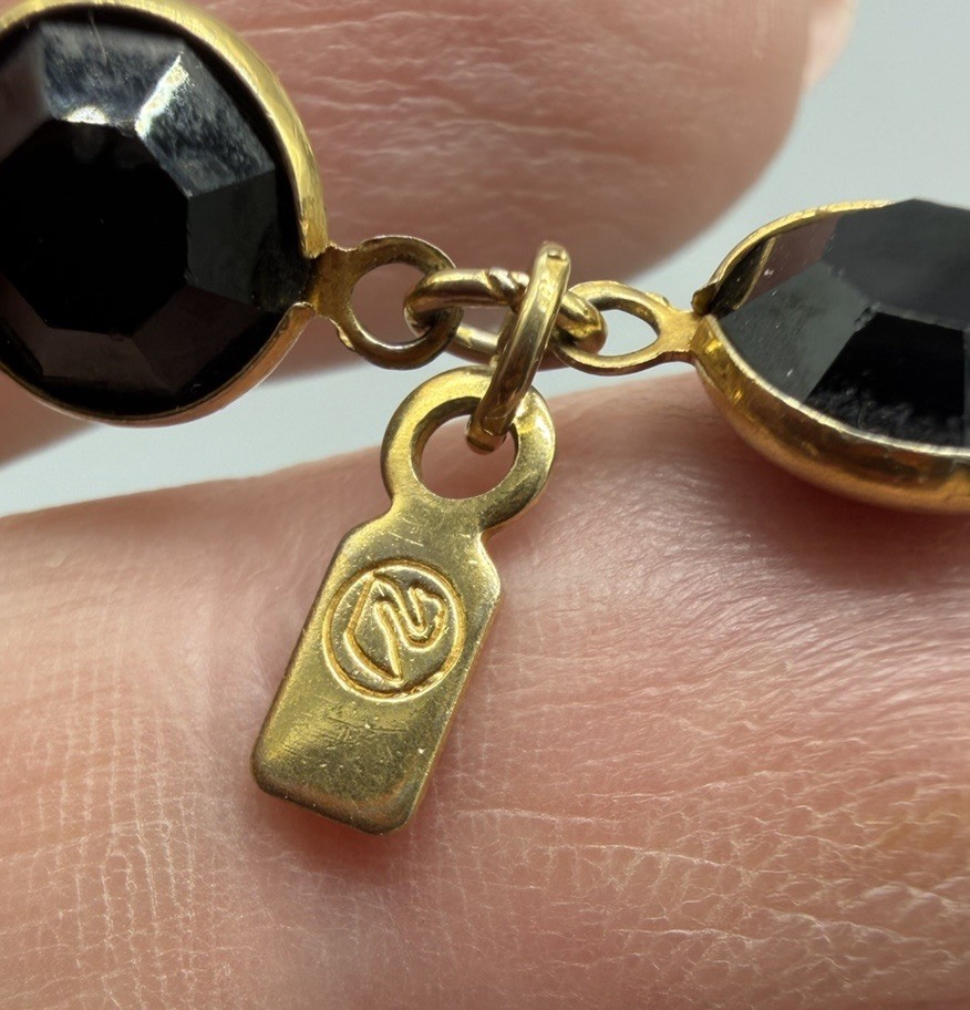 Swarovski Crystal Necklace Bezel Set Black Faceted Crystals Long Gold Tone 35”
