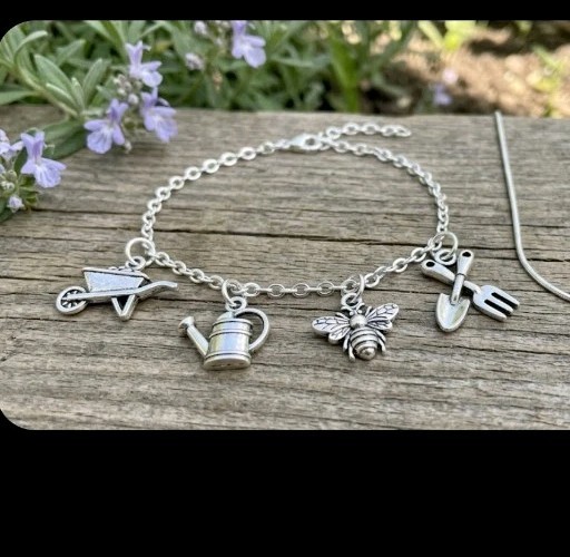 Lot of 4 Gardening Charms Silvertone Watering Can Bee Wheelbarrow Trowel